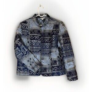 Dressbarn Woman XL Jacquard Tapestry Blazer Jacket Blue Decorative Zip Artsy